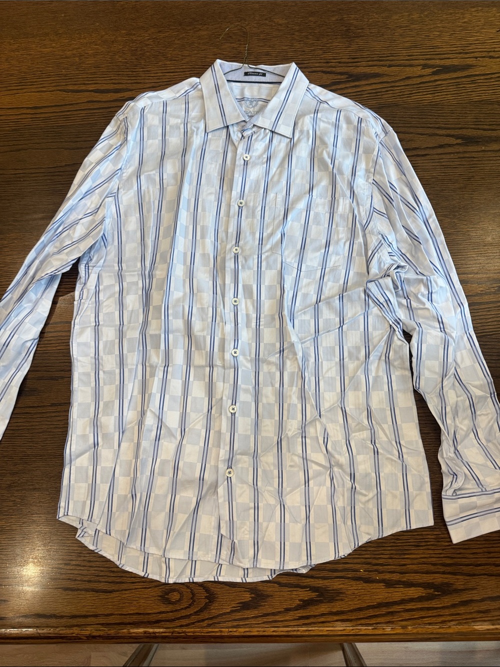 Bugatchi White Dress Shirt with Light Blue Stripes
